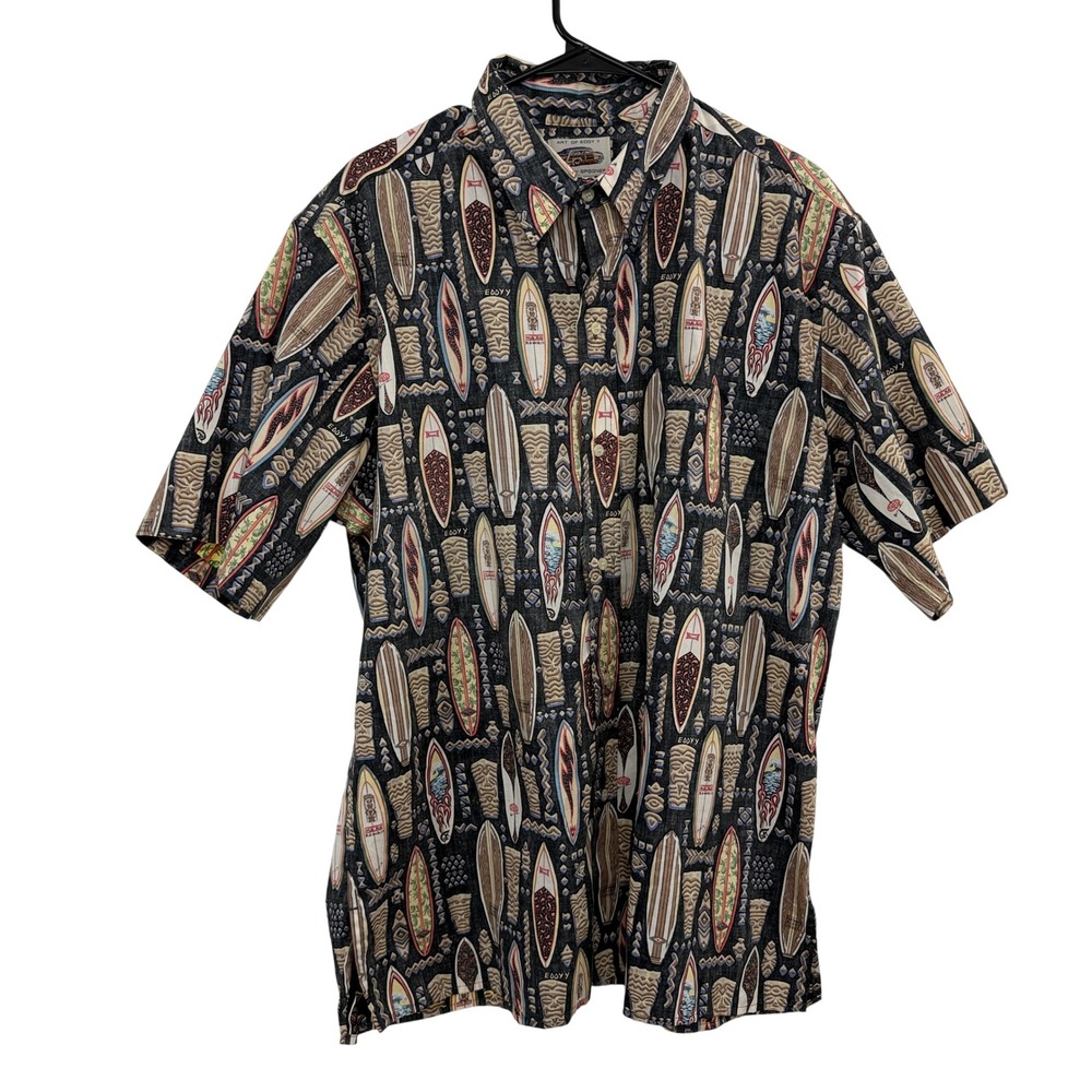 Reyn Spooner Shirt Mens XL Black Art of Eddy Y Surfboard Tiki Hawaiian Button Up